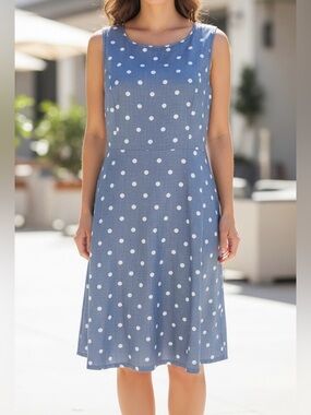 Talbots Petites 10P Polka Dot Cotton Dress Blue A-Line Pockets
